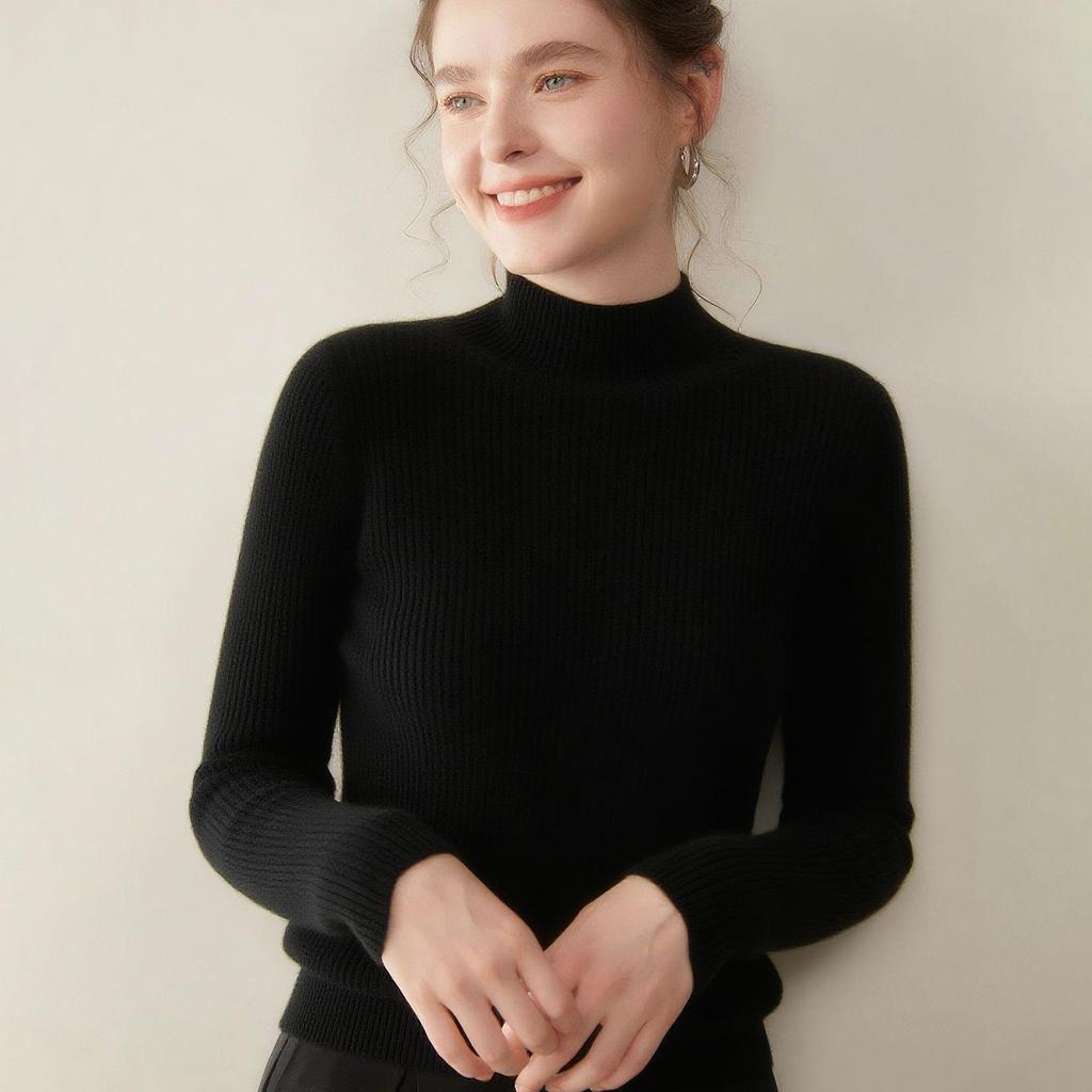 Damen Schlank Geschnittener Rippstrick Kaschmirpullover - Halber Rollkragen, Einfarbige, Perfekt für Herbst & Winter.