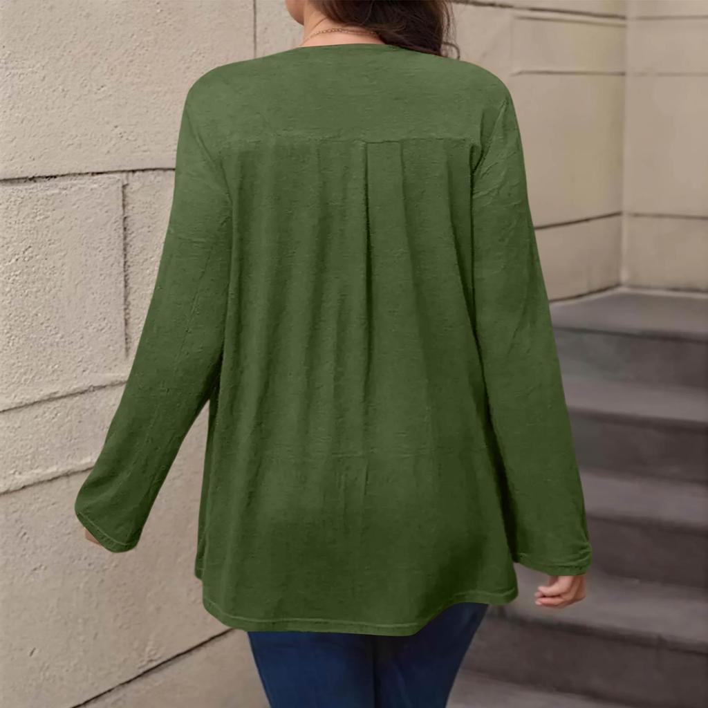 Dámská móda plus size Jednobarevný ležérní plisovaný top s kulatým výstřihem a dlouhým rukávem