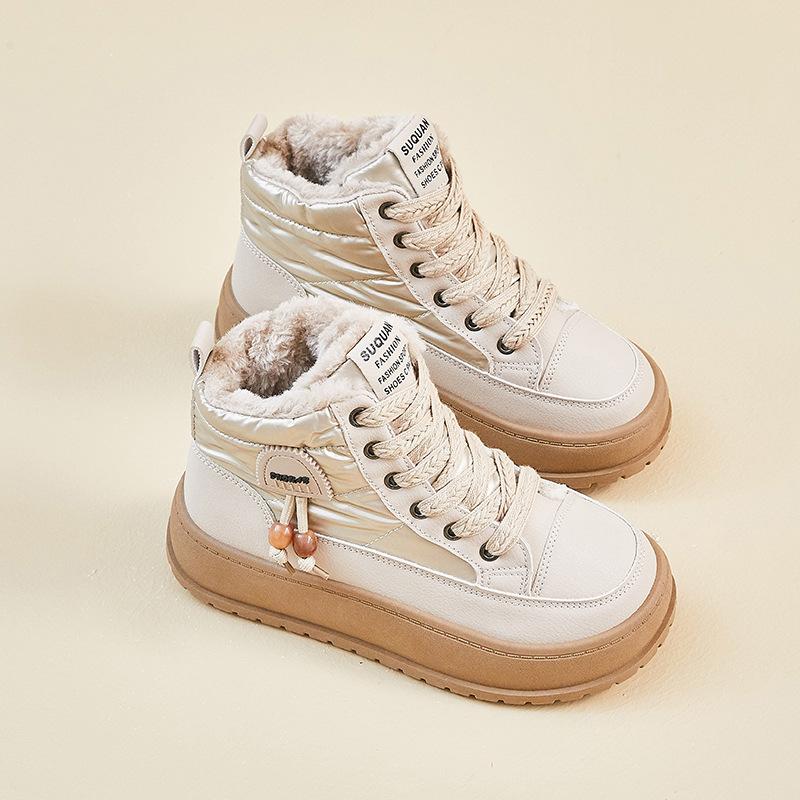 Fleece høye snøstøvler for kvinners vinter nye student ins varme avslappede høydeøkende bomullssko K