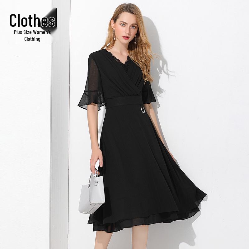 

Brand Youthful Black V-Neck Chiffon A-Line Dress with Bell Sleeves and Lace Patchwork 4XL чорний