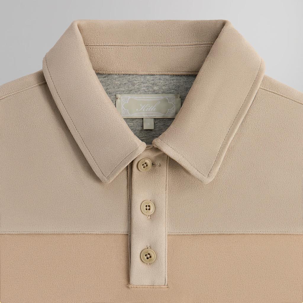 Kith FW24 Stripe Microsuede Tanner Pullover Fall 2024 Collection Lettered American College Style Long Sleeve Polo Shirt Men Tops Sand KHM032334-104
