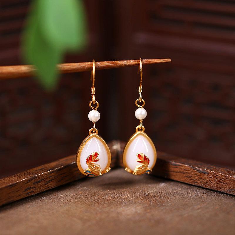 Year After Year Abundance Hetian Jade Earrings: 925 Sterling Silver Needle Palace Style Studs for Women