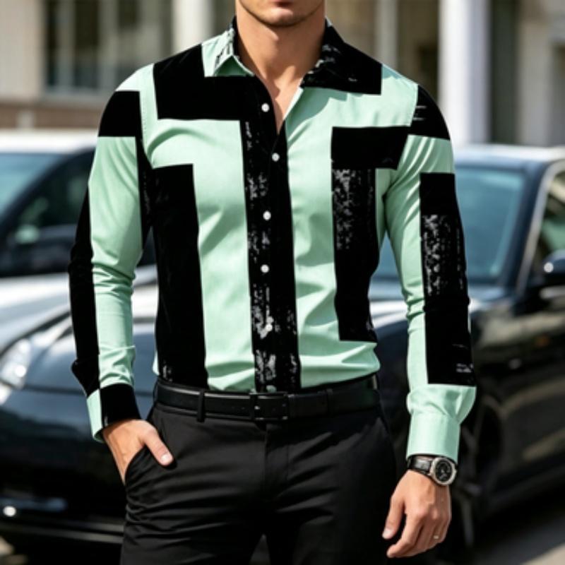 Men's Shirt Color Block Lapel Long Sleeved Shirt Abstract Geometric Print Slim Fit Shirt Light Business Daily Casual