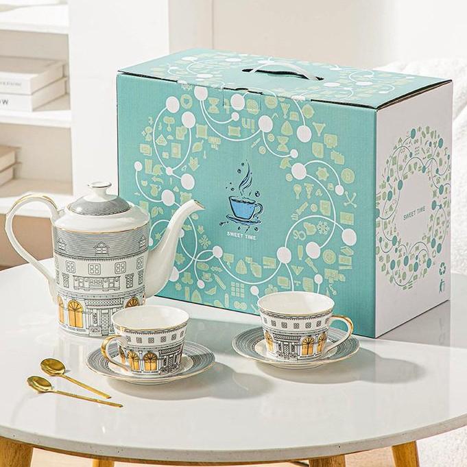 Italian Golden Roman Architecture Coffee Cup Saucer Teapot Set Gold-patterned Handle Swan Castle Afternoon Tea Set Gift