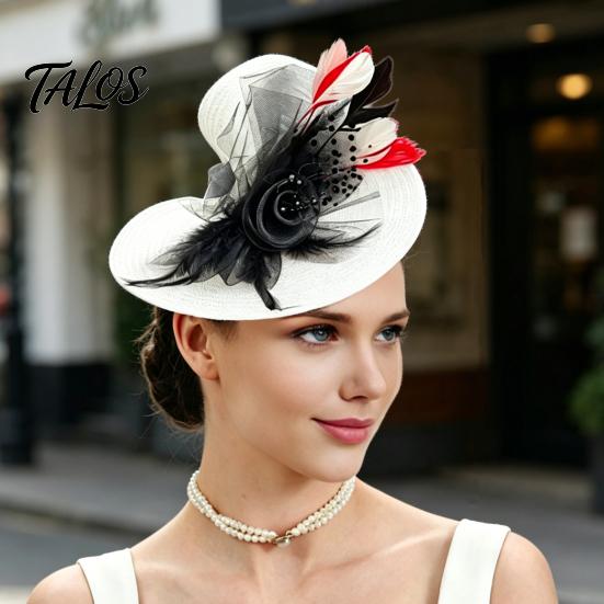 Zylinder mit starkem Clip, Fascinator-Hut mit Feder-Netzblumen-Dekor, Tanzkostüm Kopfschmuck für venezianische Karnevalsmaskeraden, Mottopartys, Bühne