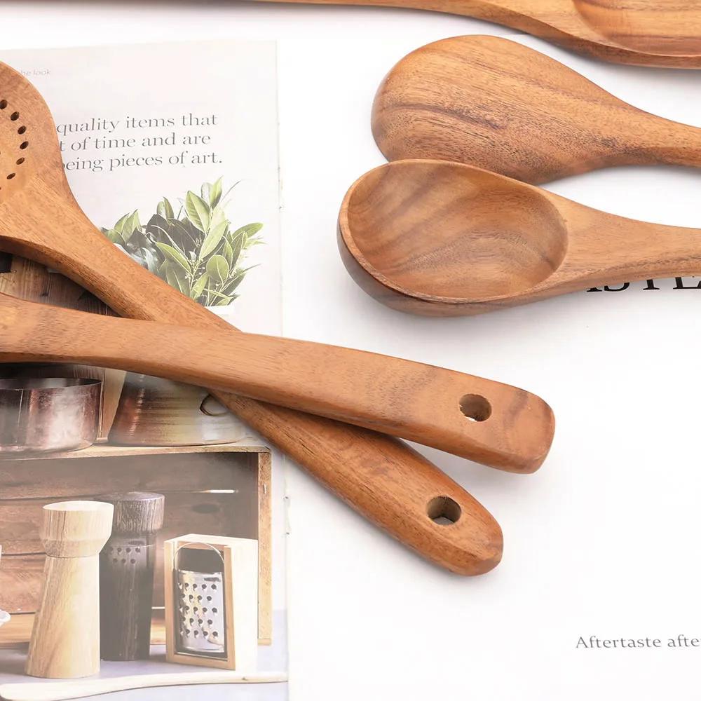 7Pcs Wooden Cooking Utensils Set Non-Stick Wood Spatula Colander Soup Spoon Frying Shovel Kitchenware Cookware Tools
