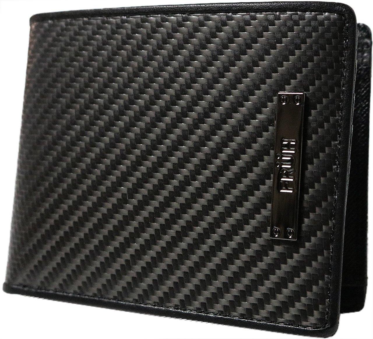 

Bercute Black F Genuine Leather Carbon Leather Wallet, Bifold, Short Wallet for Men and Women, with Coin Purse, No Zipper, Multi-functional,