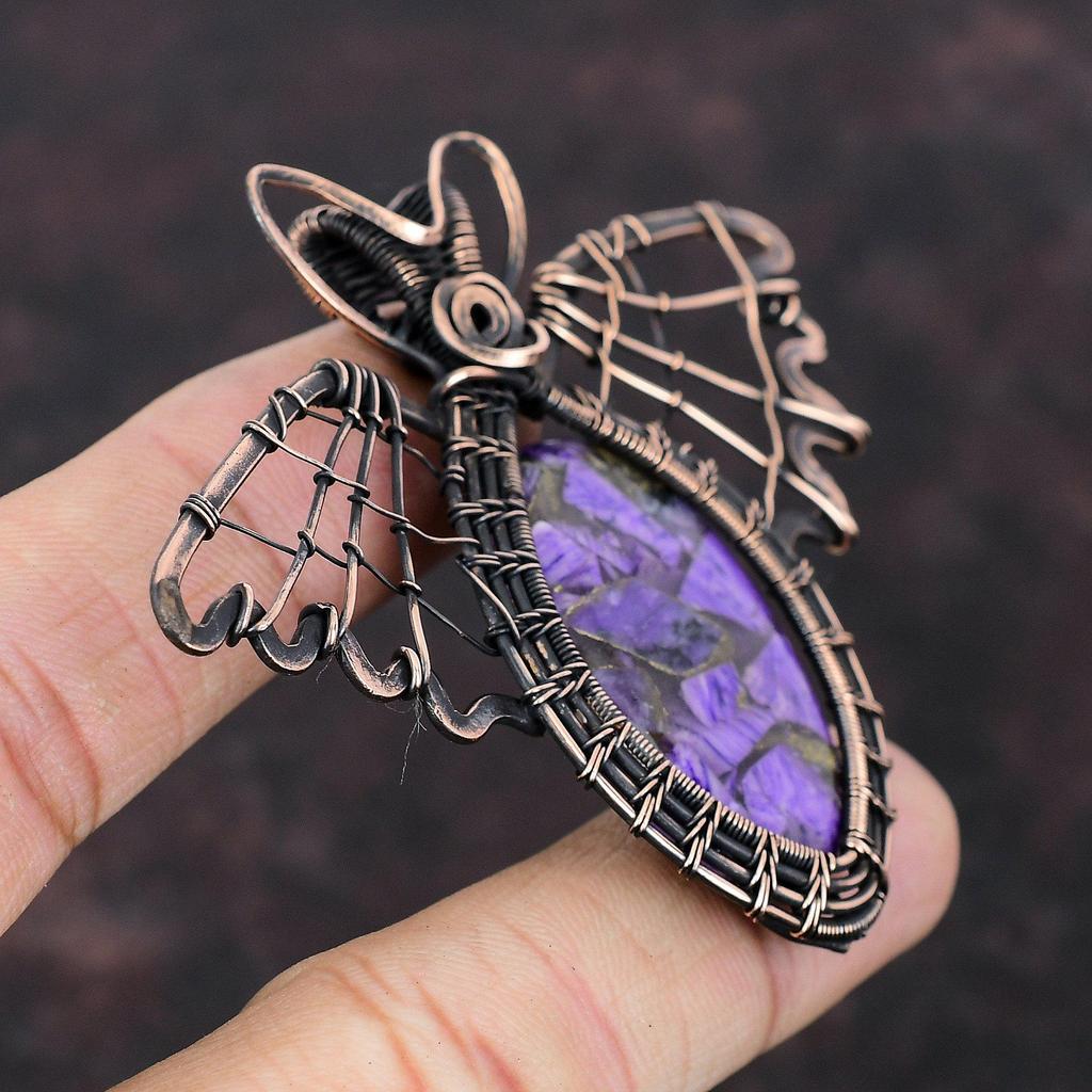 Pandantiv Charoit Cupru Pandantiv Înfășurat în Sârmă de Cupru Bijuterii cu Piatră Prețioasă Pandantiv Fluture Făcut Manual Bijuterii Design Unic din Cupru Cadou Pentru Mamă