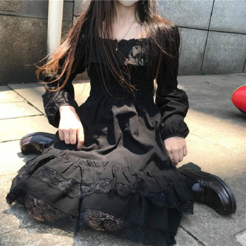Frauen Spitze Rüschen Lolita Kleid Herbst Mädchen Langarm Mini Kleider