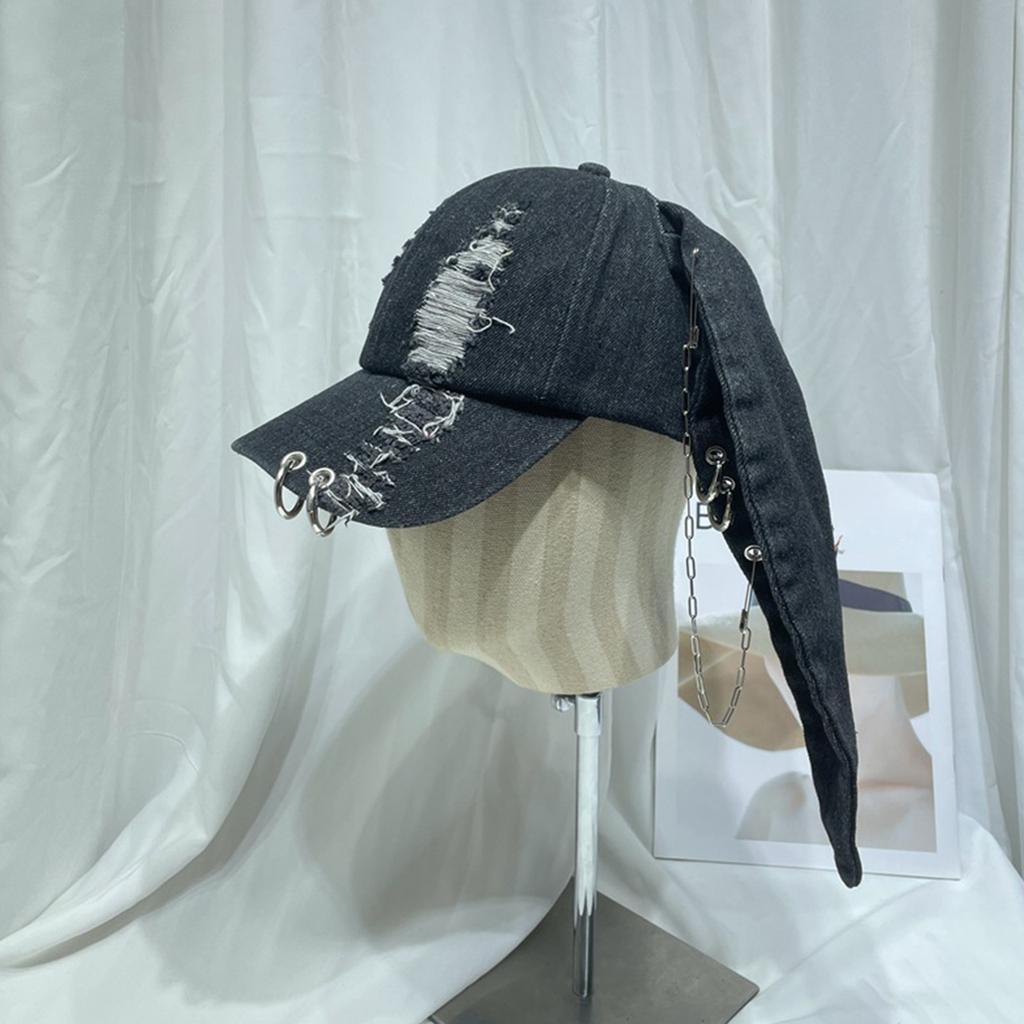 Teens Distressed Baseball Caps with Rabbit Ears Decors Outdoor Sports Camping Baseball Caps Woman Breathable Cycling Hat
