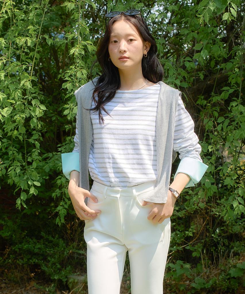 SALON DE YOHN Stripe Cuffs T_ Gray+Mint