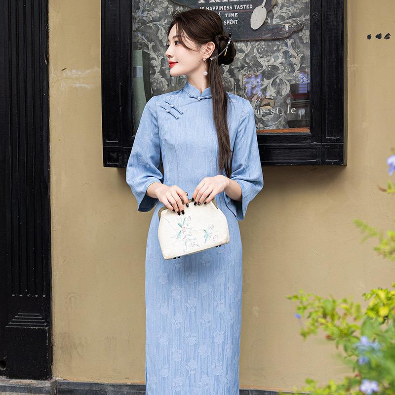 Blue national style new Chinese long autumn long-sleeved cheongsam improved young women's high-end sense retro slim spring and autumn