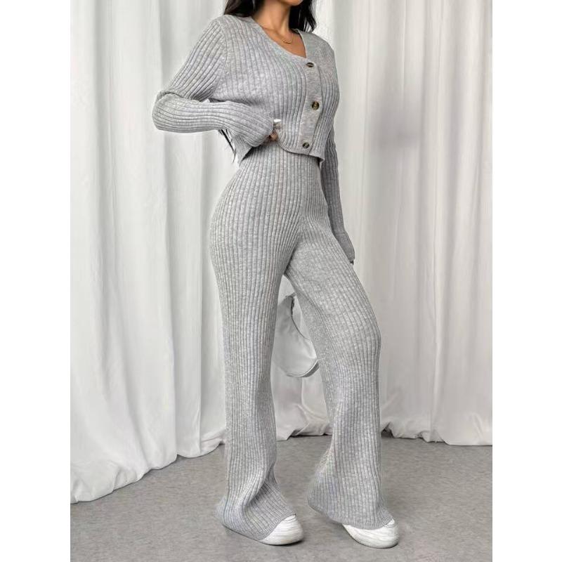 Korean-style Solid-color Knitted Two-piece Set, V-neck Short Knitted Cardigan, Slightly Flared Pants, Versatile Casual Women's Wear