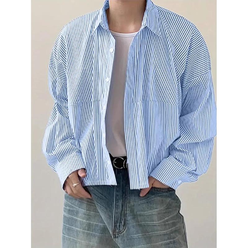 2026 New Men's Fashion Turn-down Collar Vertical Striped Loose Long Sleeve Shirt