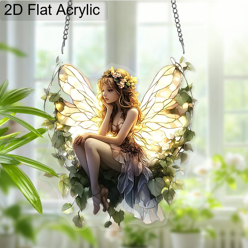 Acrylic Floral Fairy Suncatcher, Stained Glass Style Window Hanging Ornament for Fantasy and Nature Lovers