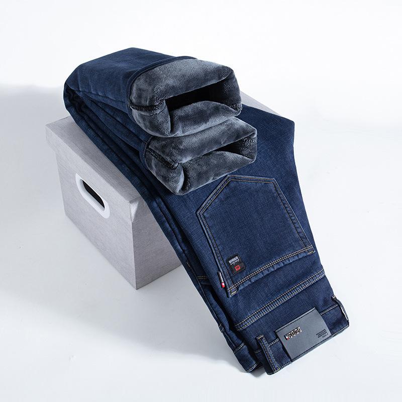Spring and Autumn Jeans Straight Loose Fleece Thickened Warm Business Elastic Casual Pants