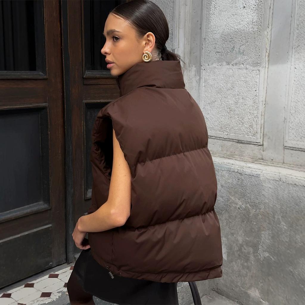 Europe, America, autumn and winter new loose casual drawstring adjustment thin stand collar vest sleeveless cotton vest