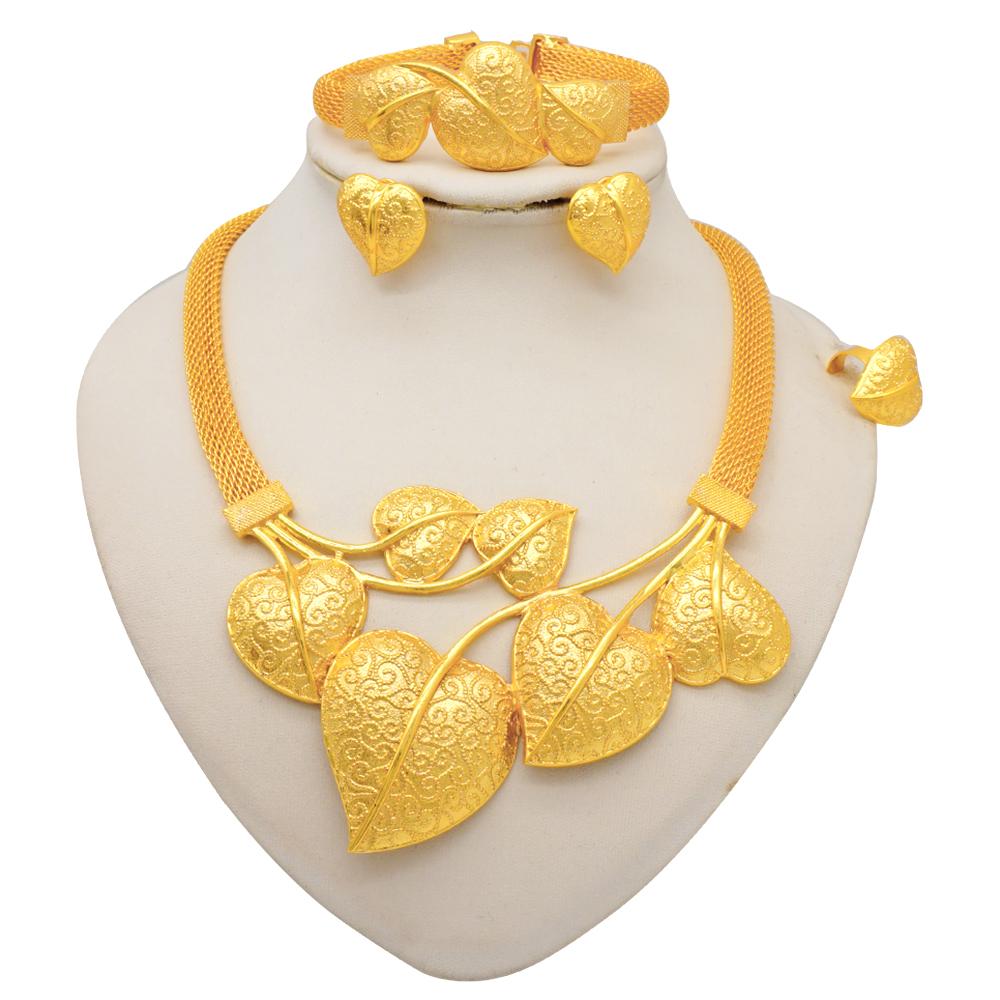 Dubai Gold Color Jewelry Sets African Indian Wedding Bridal Wife Gifts Necklace Bracelet Earrings Ring Jewelery For Women