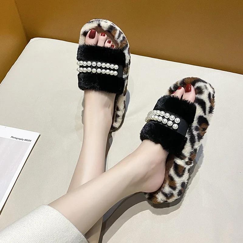 Fashion 2024 New Shoes for Women Open Toe Women's Slippers Autumn Beads Leopard Print Outdoor Platform Casual Comfortable Slippers