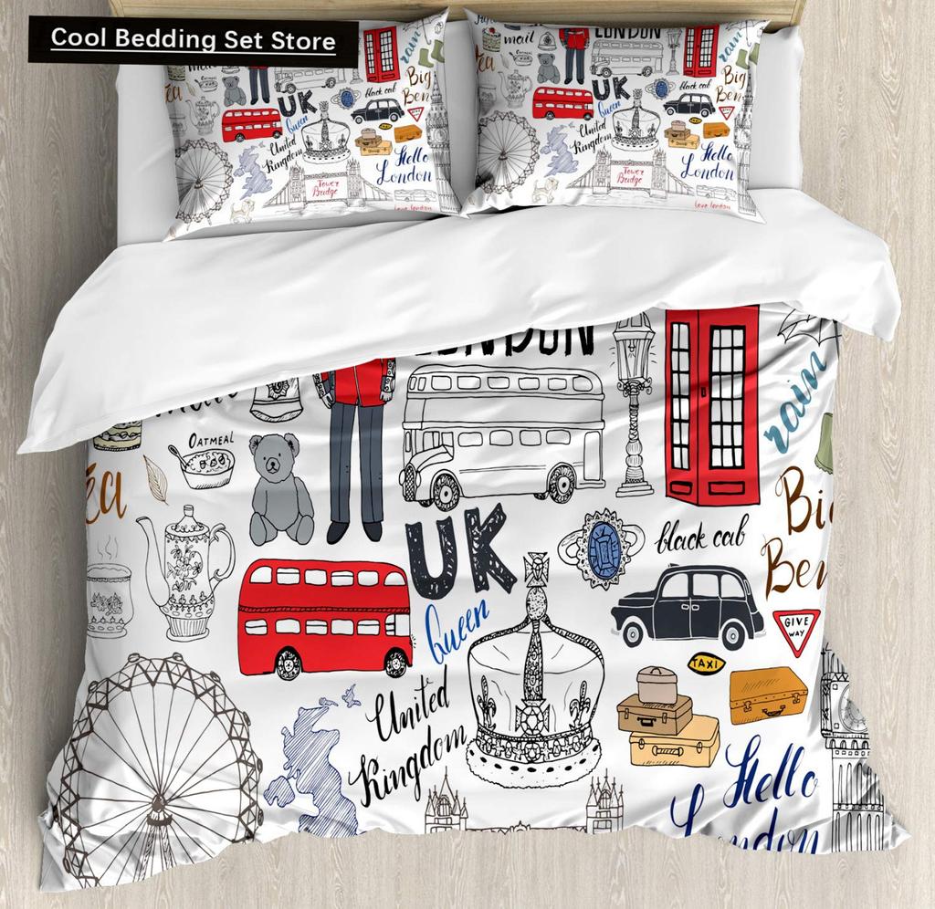 London Telephone Booth King Queen Duvet Cover The Big Ben Bedding Set Retro United Kingdom Quilt Cover Red Grey Comforter Cover