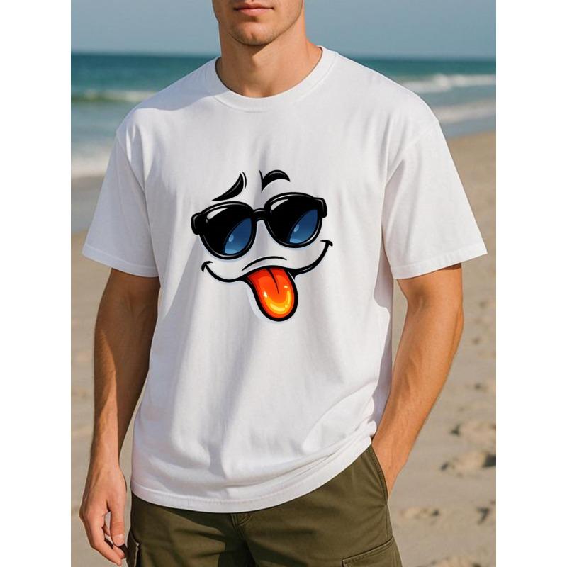 European sizes Say No to Boredom and Make a "funny Face". Men's Printed Short-sleeved Shirts, Printed Breathable Fabric Tops
