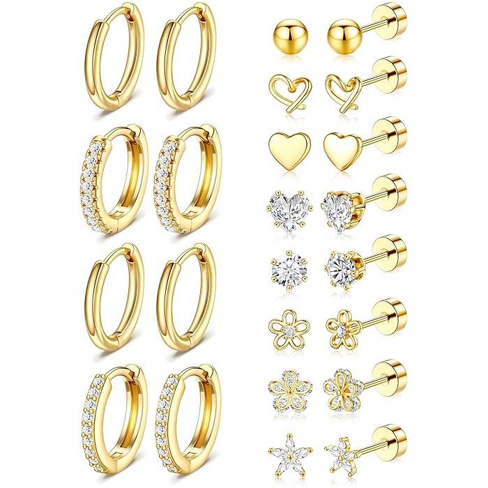 Kolip Hypoallergenic Gold Stud Earrings for Women, 14k Gold Plated Surgical Stainless Steel Flat back Earrings Set Gold