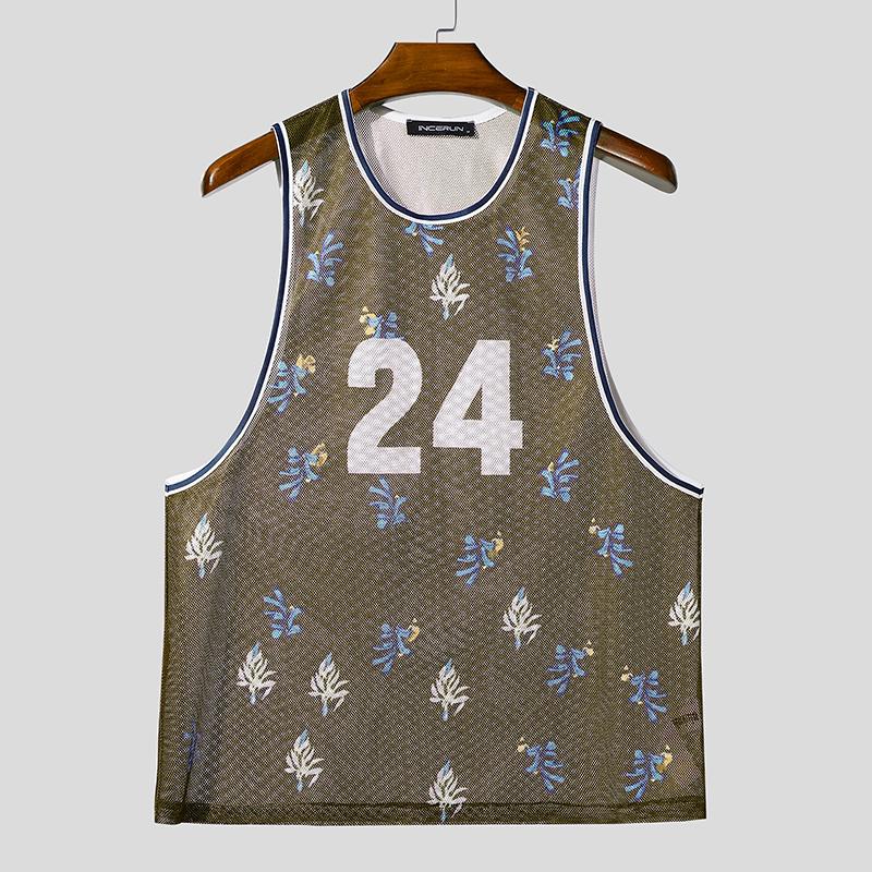 

INCERUN Men Sleeveless See Through Mesh Sheer Print Racerback Tank Tops 5XL хаки