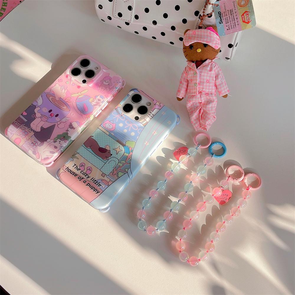 For iPhone 16 Pro Case IMD Cartoon Pattern TPU Phone Cover with Beaded Strap