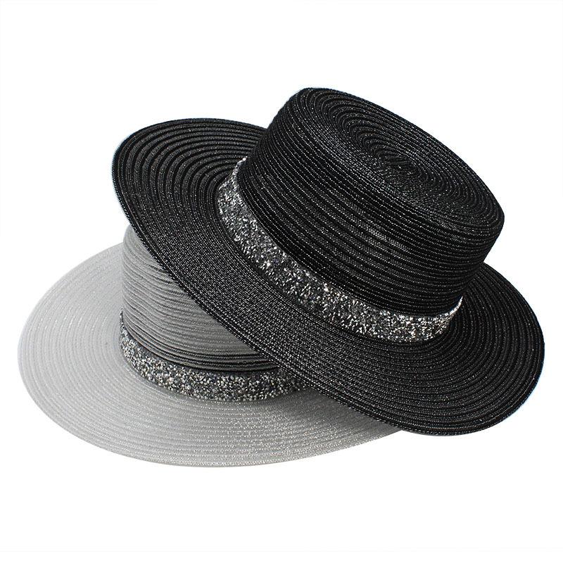 Internet Celebrity Hat M Standard Rhinestone Hollow Flat Top Straw Hat Outdoor Outing Seaside Sun Hat Women'S White Top Hat