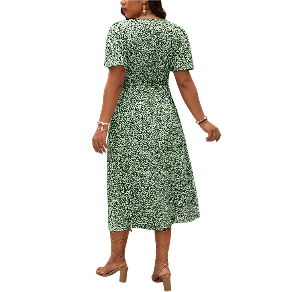 Women's Plus Size Casual Loose Fit V Neck Short Sleeve Floral Print Long Length Full Skirt Dress