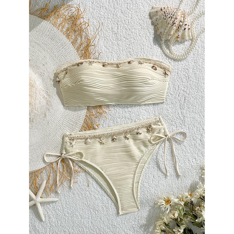 

Женский комплект бикини Новый сексуальный ракушка морская звезда пуш-ап на завязках сбоку с высокой талией пляжный купальник комплект из 2 предметов L бежевый