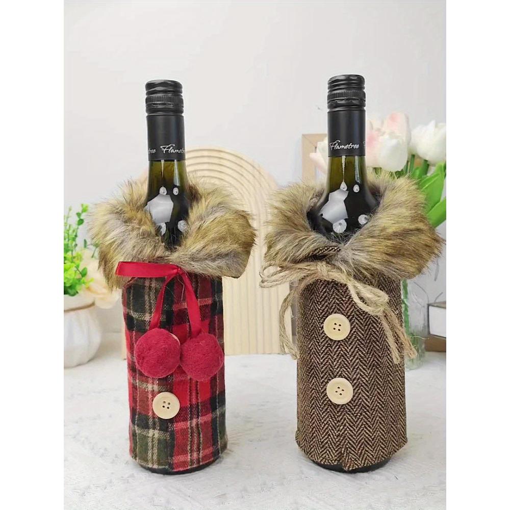 1Pc Christmas Wine Bottle Cover With Plush Collar,Polyester Wine‑Bottle Sleeve for Holiday Party,Home Decoration