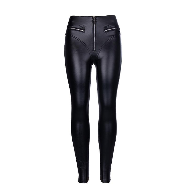 Dark long American peach hip pu tight high waist leather pants women's tied feet zipper locomotive slim trousers spring