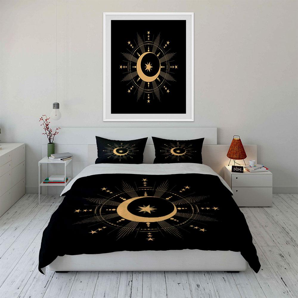 Golden crescent and stars. Bedding sets Duvet cover sets Duvet covers Pillowcases(1*Duvet Cover 2*Pillowcases without duvet insert)