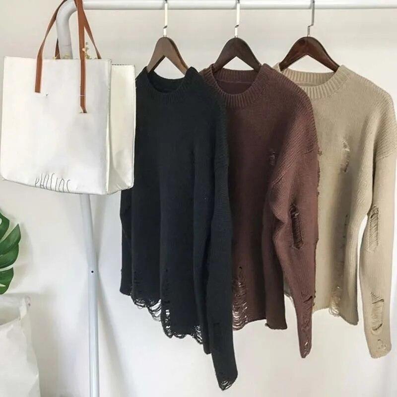 Khaki-zerrissener, lockerer Pullover, Strickpullover, Ausschnitt, Bettler, Rundhalsausschnitt, lange Ärmel, einfach, lässig, für Männer und Frauen, Frühling und Herbst