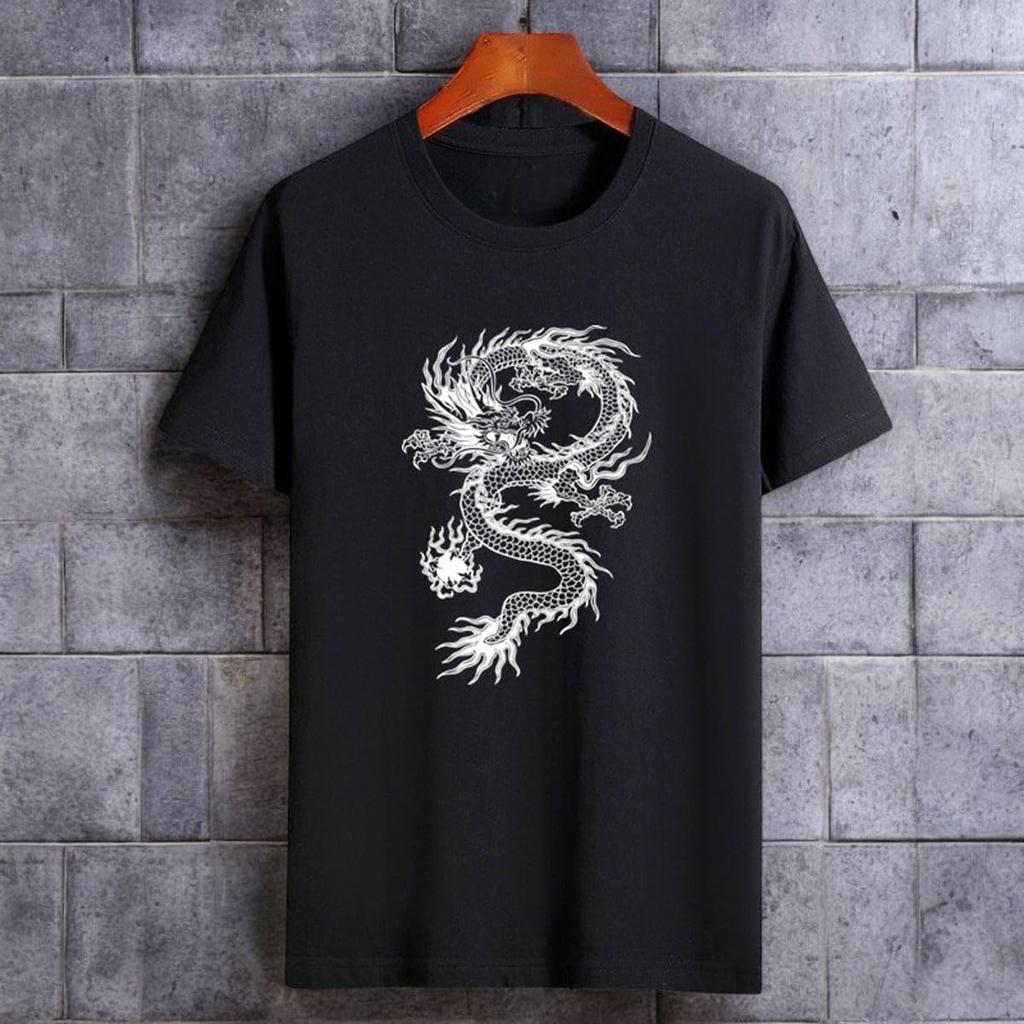 Bercute Black Dragon Print with Dragon Available In Plus and Small Short Cool Japanese Stylish Summer Dragon Street Black and Crew Men's (2XL) T-Shirt