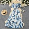New Women's Summer Sleeveless Print Dress Pearl One-Neck High Waist A-Dress Commuter High Street Style