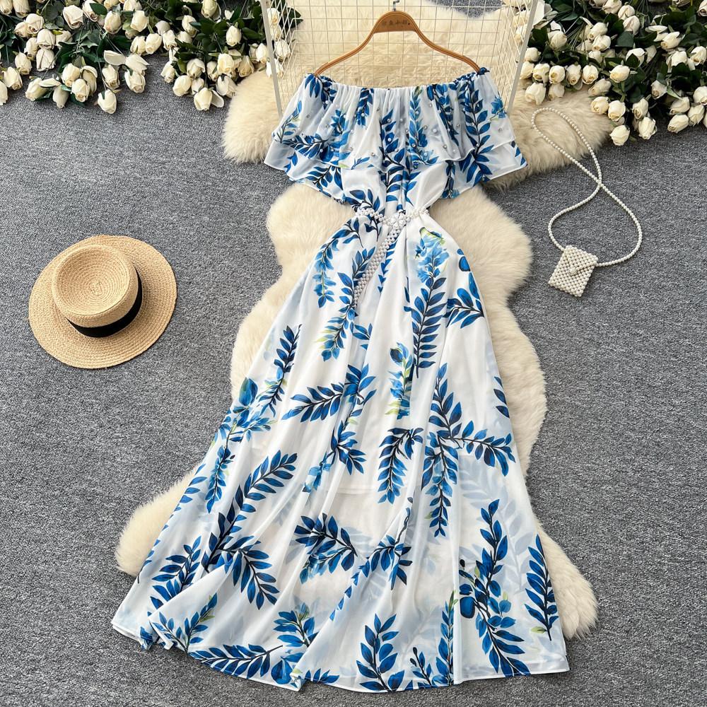 New Women's Summer Sleeveless Print Dress Pearl One-Neck High Waist A-Dress Commuter High Street Style