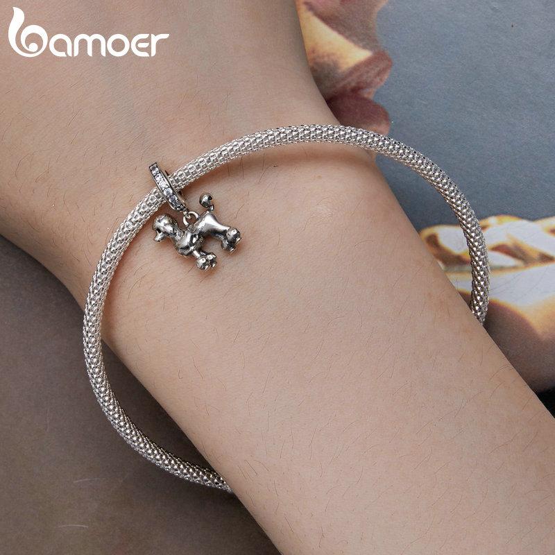 BAMOER Gold Plated Pet Dog Charm Beads for Charm Bracelet, Genuine 925 Sterling Silver Border Collie Dachshund Schnauzer Pendant