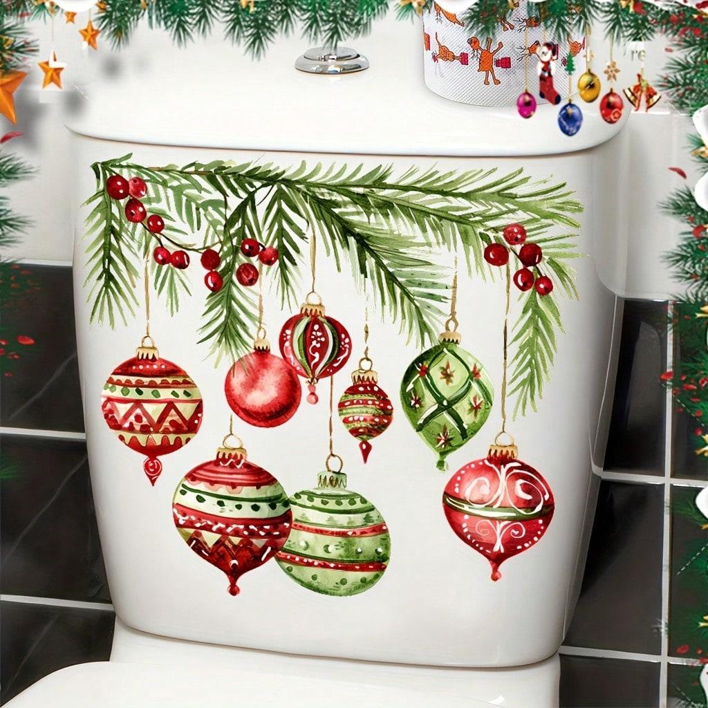 Reusable Christmas Toilet Decoration Sticker, Bathroom Wall Decal, PVC Removable & Decorative Sticker with Colorful Ornaments and Greenery for Wall
