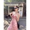 Kumikumi Holiday Style Blooming Pink Sling Dress Women Summer Slim Fit Age-Reducing Chic Floral Long Skirt