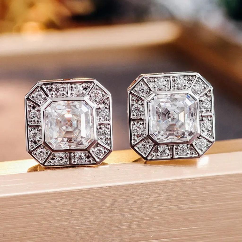 Square Cut Halo Stud Earrings for Women Sparkly Geometric Earrings Elegant Classic Daily and Party Jewelry