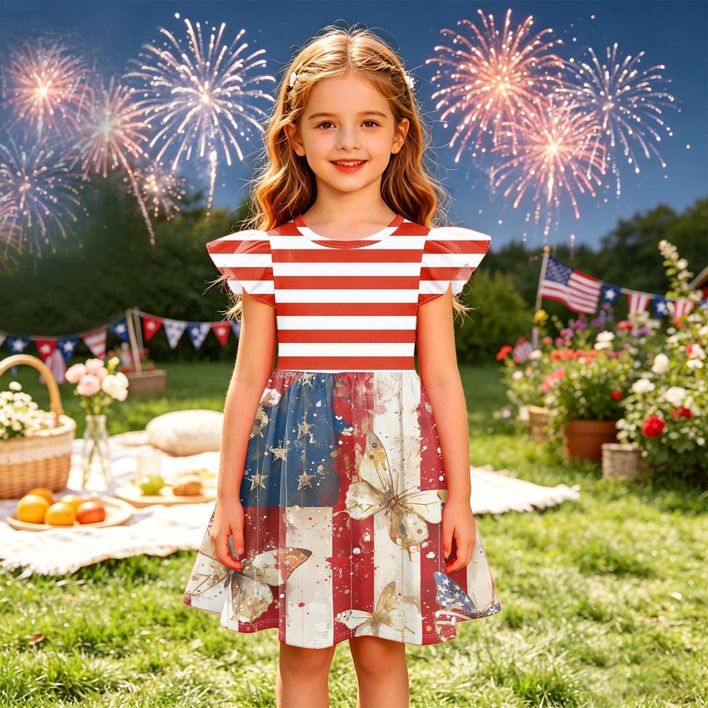 Girls' Summer Princess Dress - A-Line T-Shirt Dress Independence Day
