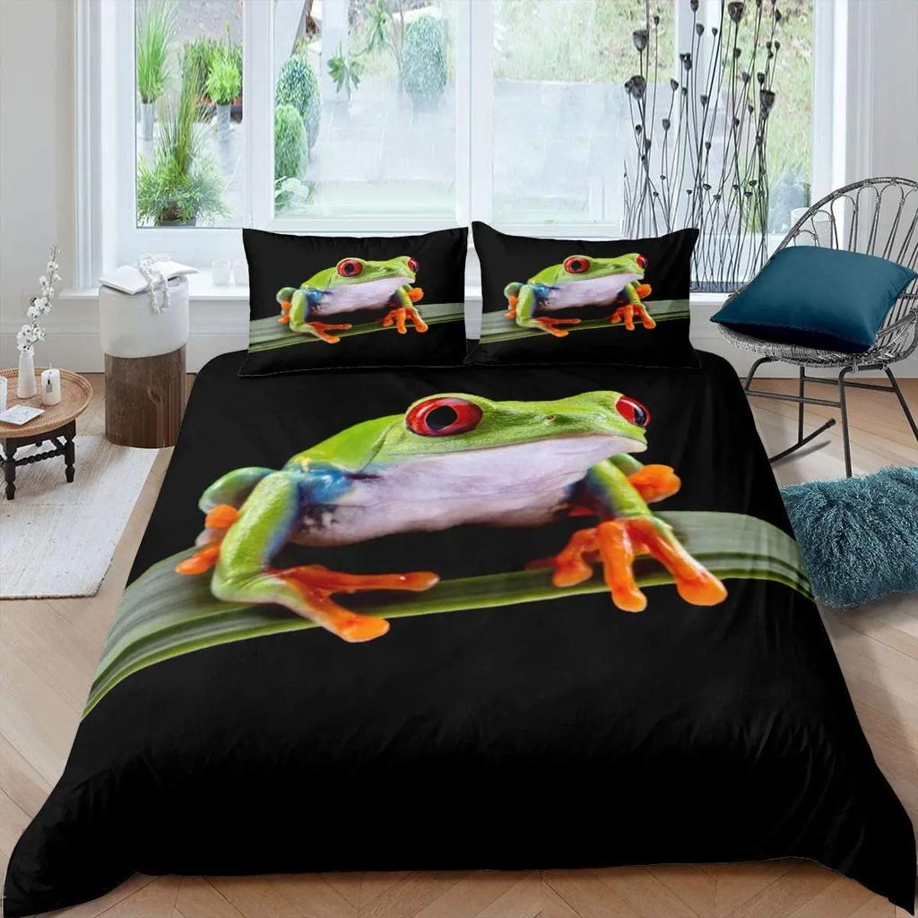 Frog Duvet Cover Set Cute Kawaii Cartoon Frog Pattern King Queen Size Polyester Comforter Cover With Pillowcase For Kids Girls
