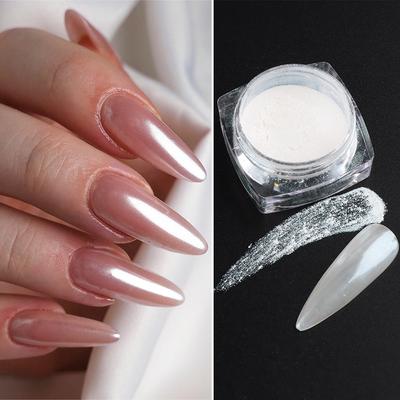 White Chrome Pearl Nail Powder Shimmer Glitter Wedding Bride Nail Design Aurora Rubbing Dust Mirror Effect Fairy Powder