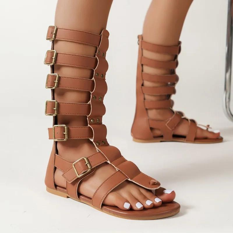 

Fashion Ladies Shoes 2025 Brand Belt Buckle Women s Sandals Fashion Metal Decoration Dress Summer Retro Rome Plus Size Sandals Boots 36 светло-коричневого