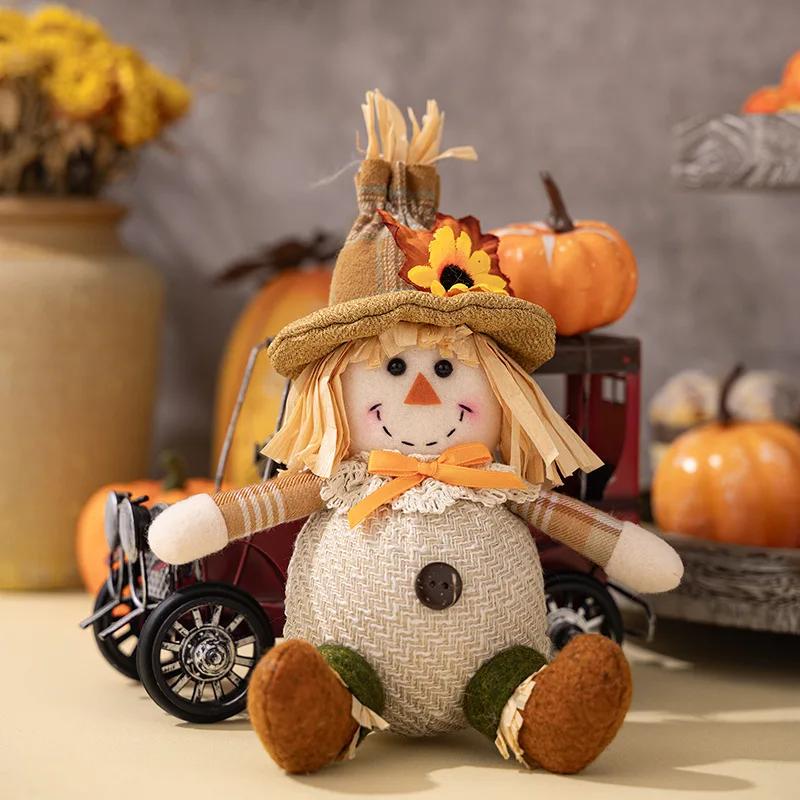 Thanksgiving Scarecrow Doll Pendant Maple Leaf Straw Hat Dwarf Doll Home Plush Decorative Ornament Thanksgiving Party Decor Gift
