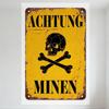 Vintage Achtung Minen German Warning Minefield Metal Tin Sign Distressed Skull Crossbones Yellow Retro Wall Decor for Bar Man Ca