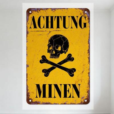 Vintage Achtung Minen Niemiecki Ostrzegawczy Znak Blaszany z Czaszką i Skrzyżowanymi Piszczelami Żółty Retro Dekoracja Ścienna do Baru Man Ca