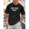 European Sizes Men's Motivational T-Shirt - Cotton Hustle Print Tee with Lettering, Breathable Fabric Suitable - Machine-Washable Casual Round